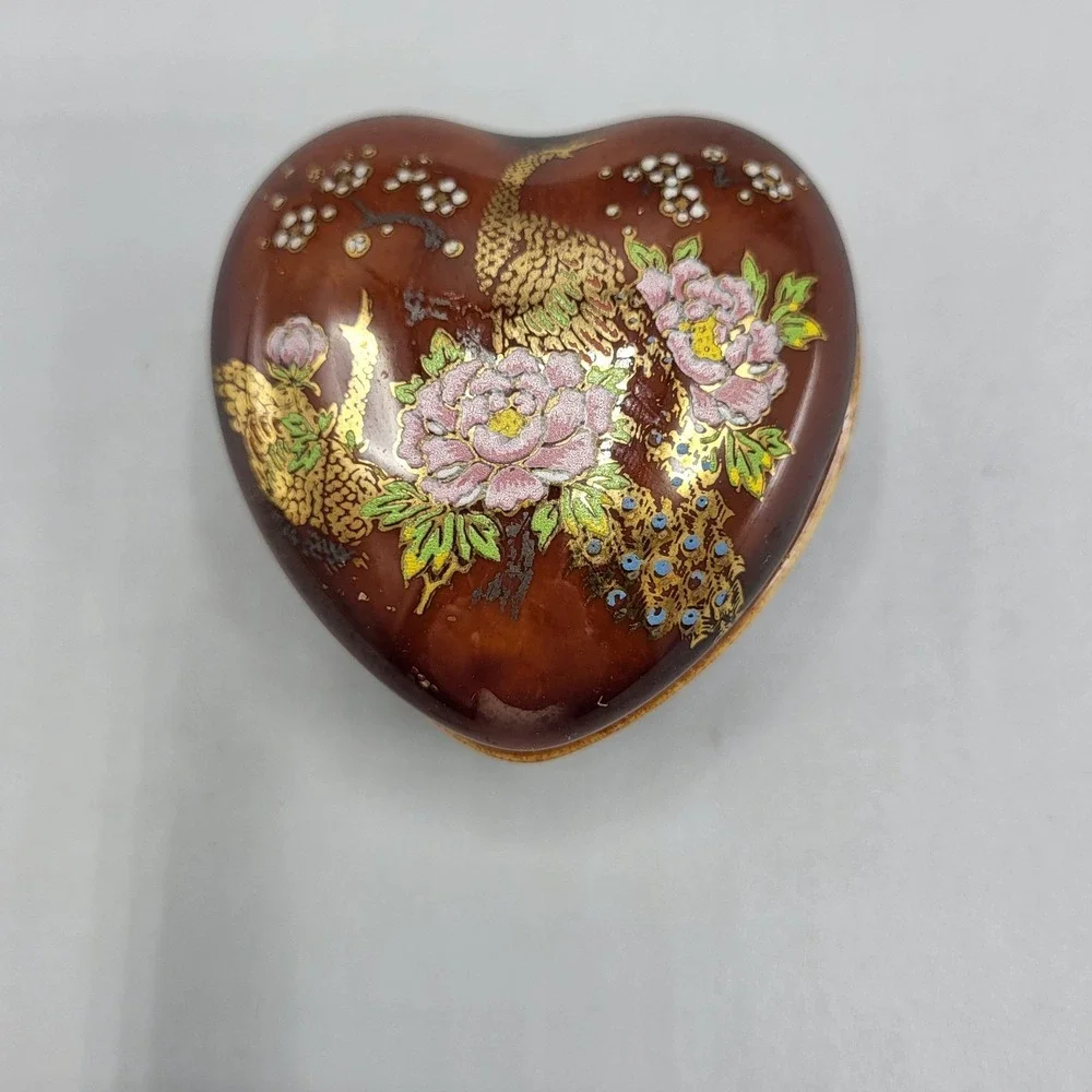 Heart Trinket Box Miniature Peacock Peony Floral Ceramic Brown Shelf Decor